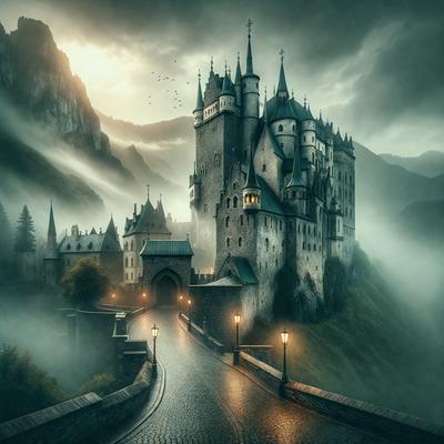 Primary subject: A castle with a moat and a bridge.
Setting/background: A mountainous area with a castle in the background.
Visual style: Digital art.
Colors and mood: The image is in black and white, giving it a dramatic and mysterious atmosphere.